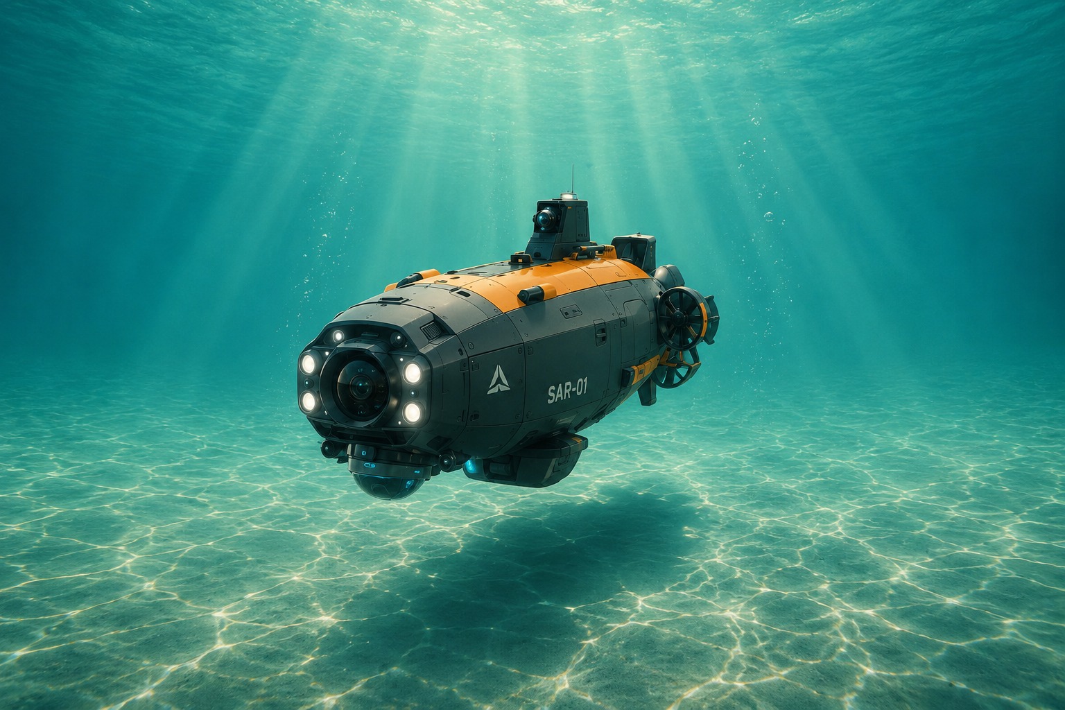 Render 3D do protótipo Silent Sentinel, drone subaquático de busca e resgate