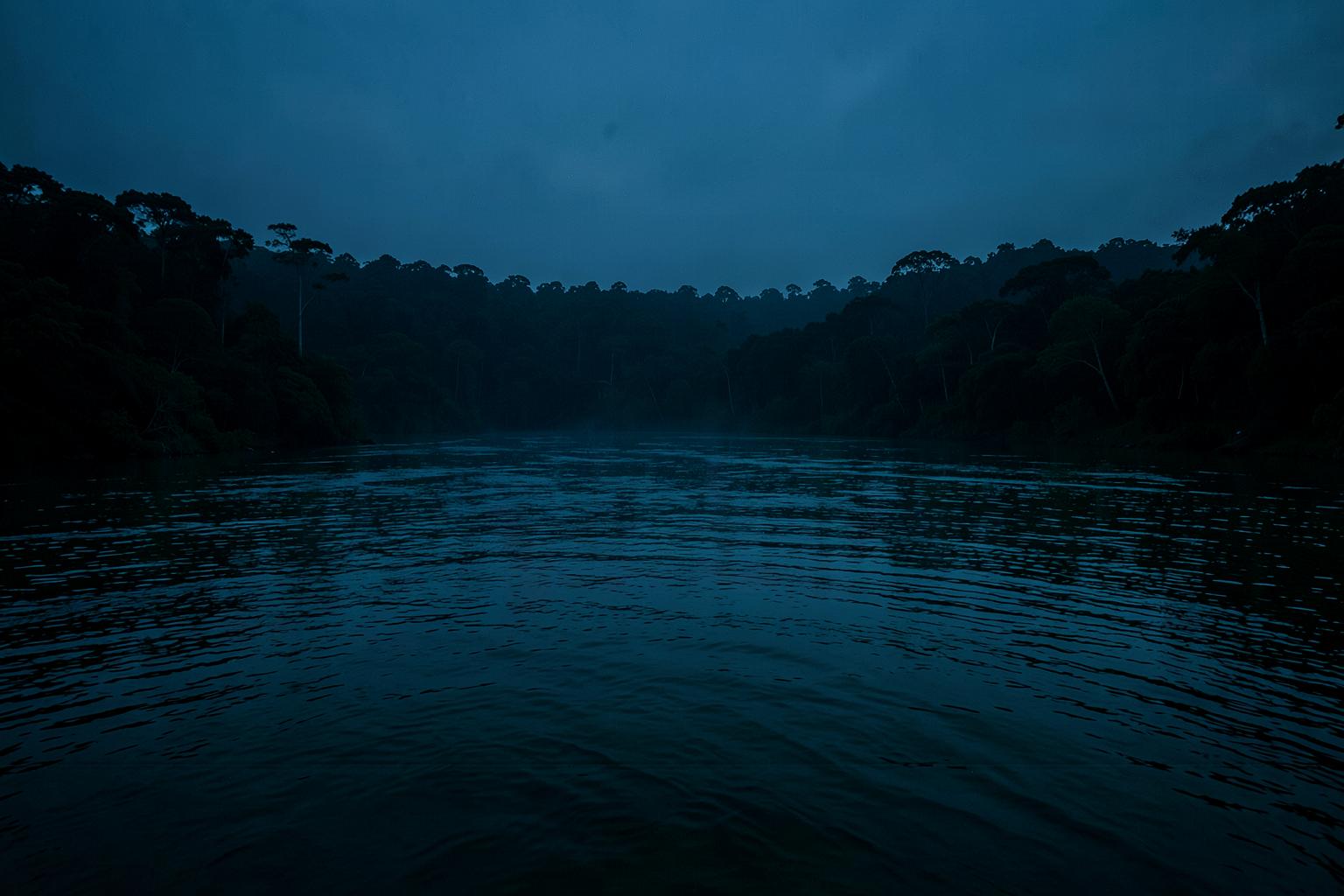 Rio amazônico de águas escuras ao entardecer, cenário de operação do drone